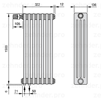 Схема (чертеж) Радиатор Zehnder Charleston 4150/7 №V001 Белый глянцевый RAL 9016